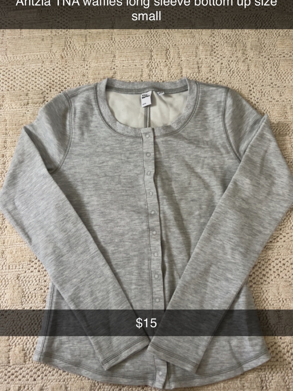 Aritzia Gray Snap-Front Waffle Knit long sleeve top